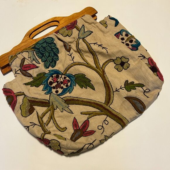 Vintage Mid Century Floral Crewelwork Bag with Wooden Handles - Picture 1 of 8